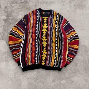 ASOS Coogi Style Sweater Red Yellow Knit Jumper XS Cotton Chunky Knit Multicolor